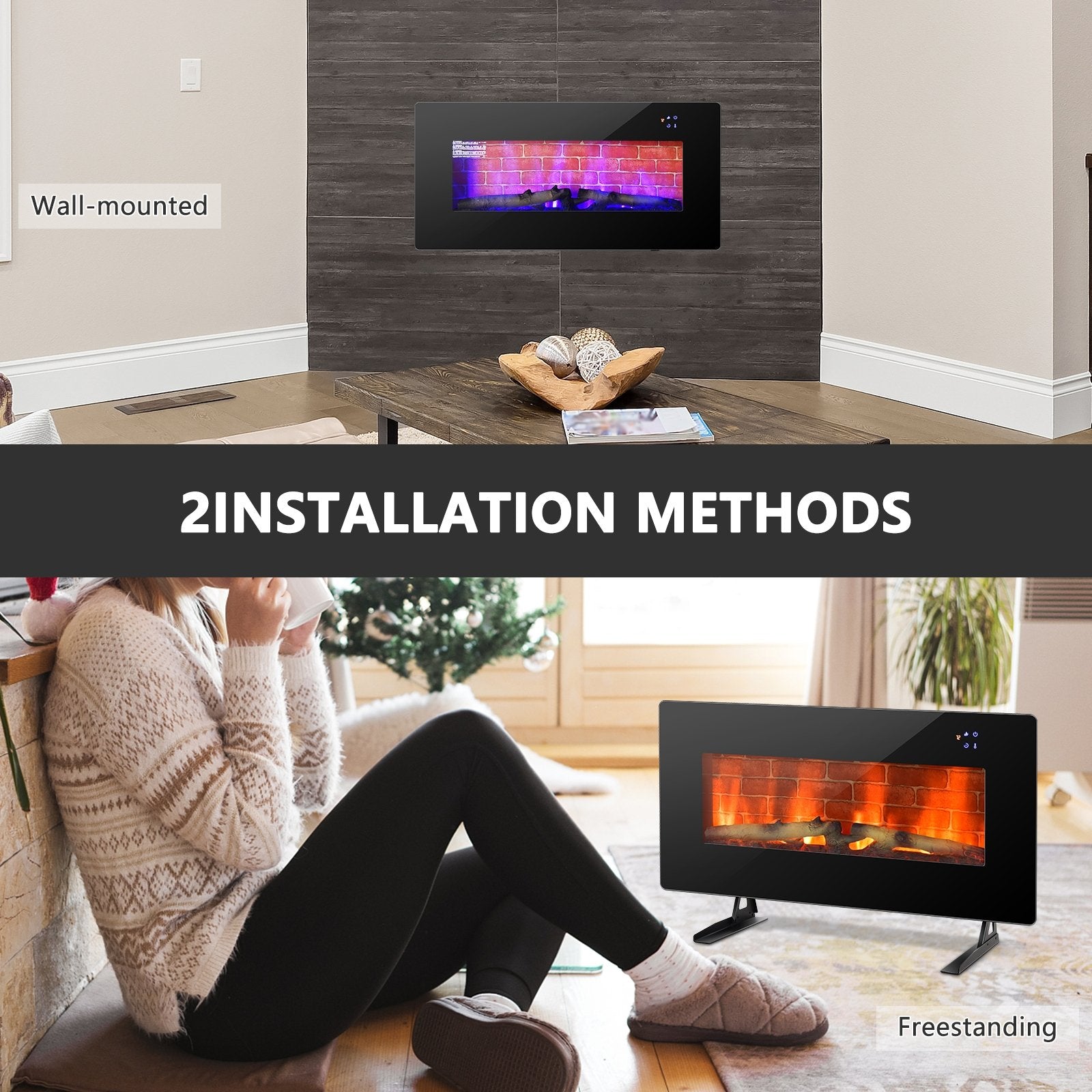 36 Inch Electric Wall Mounted Freestanding Fireplace with Remote Control, Black at Gallery Canada