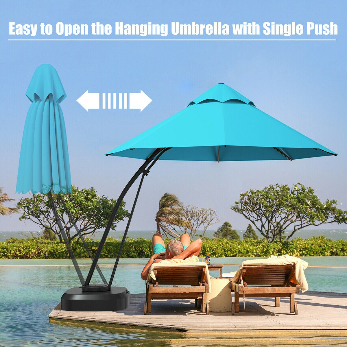 11 Feet Outdoor Cantilever Hanging Umbrella with Base and Wheels, Turquoise Outdoor Umbrellas at Gallery Canada