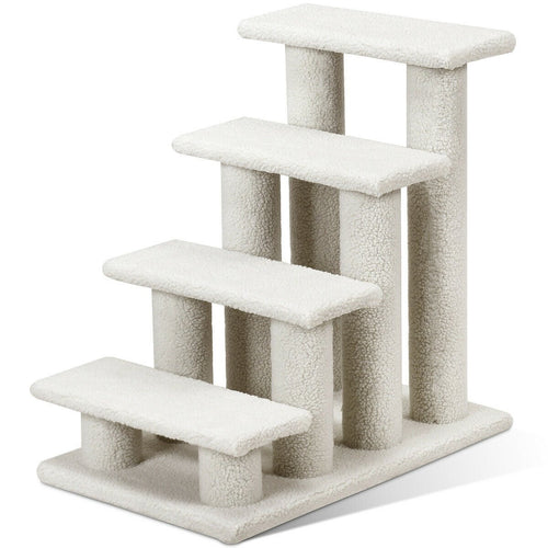 4-Step Pet Stairs Carpeted Ladder Ramp Scratching Post Cat Tree Climber, Beige