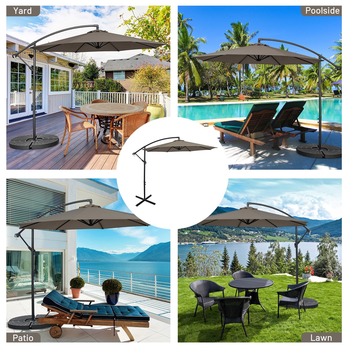 10FT Offset Umbrella with 8 Ribs Cantilever and Cross Base Tilt Adjustment, Brown Outdoor Umbrellas at Gallery Canada