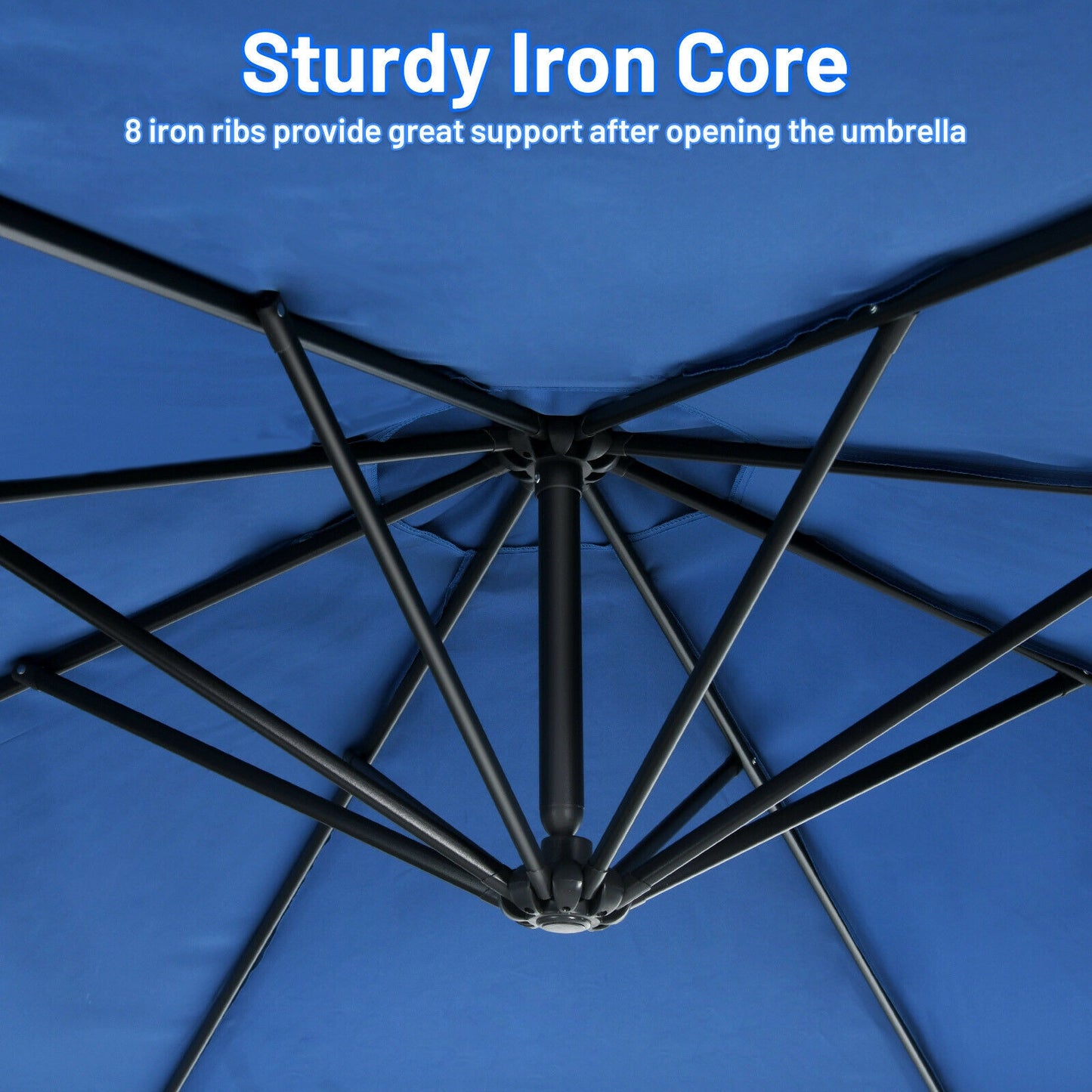 10FT Offset Umbrella, 8 Ribs, Cantilever Cross Base, Tilt Adjustment, Blue Outdoor Umbrellas at Gallery Canada