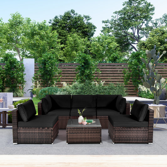6-Piece Patio Rattan Furniture Set With Cushions, Glass Coffee Table, Black Outdoor Sectionals Black at Gallery Canada