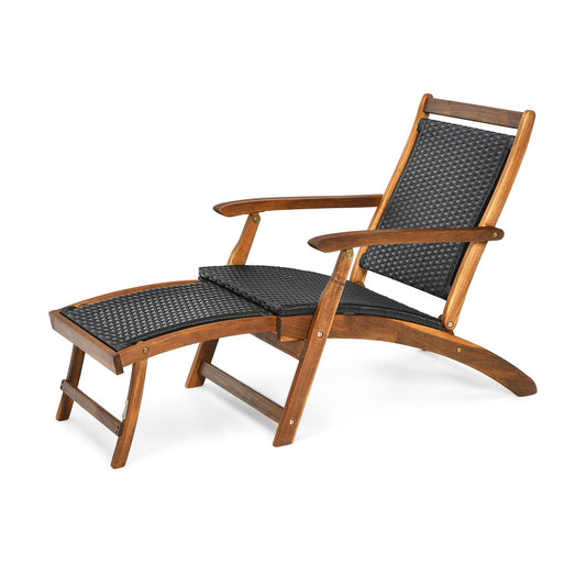 Patio Rattan Folding Lounge Chair with Acacia Wooden Frame Retractable Footrest, Brown