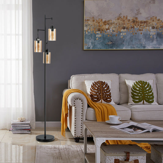 Retro Floor Lamp, 3-Head Hanging Glass Shade, Black, Amber Table & Floor Lamps Black at Gallery Canada