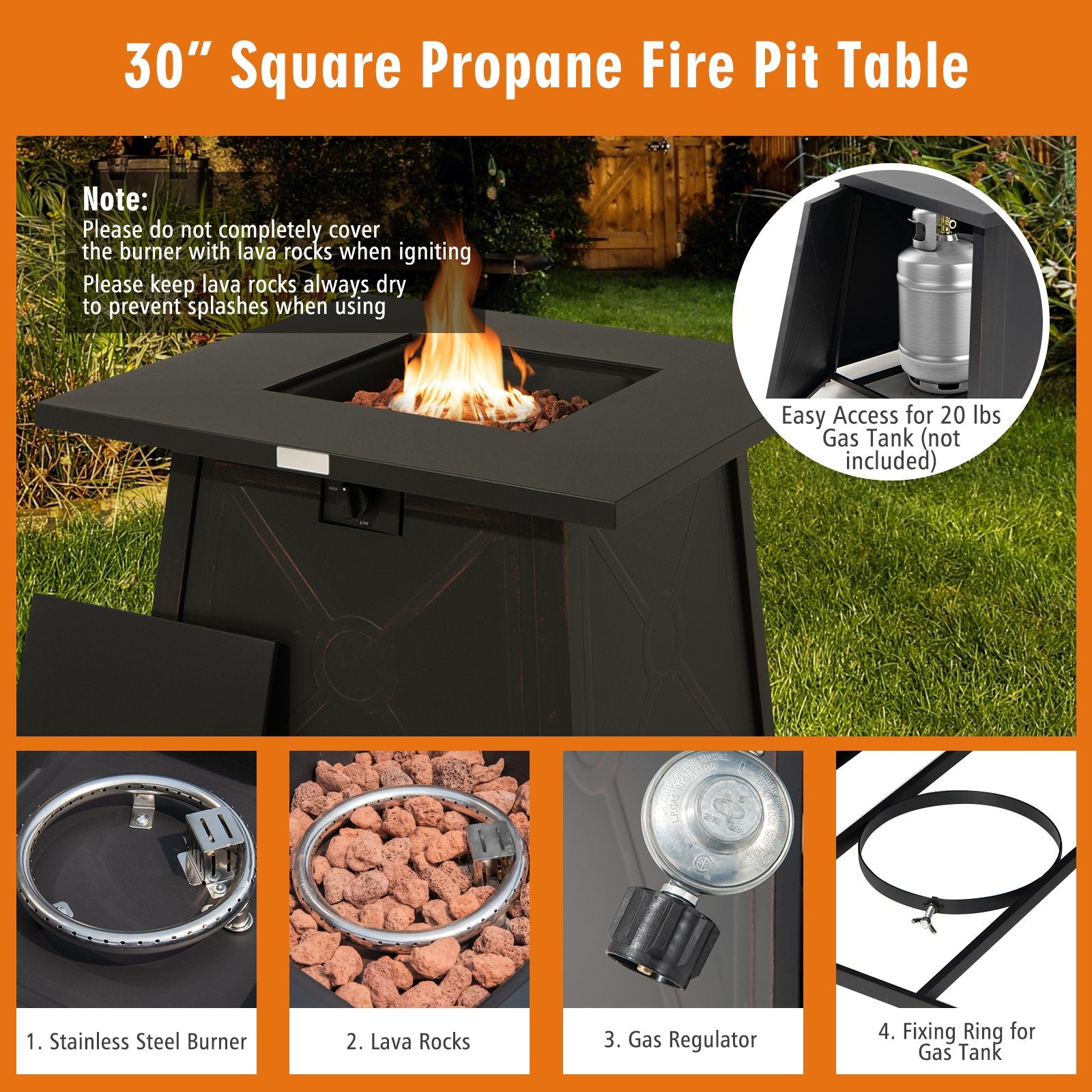 30 Inch Square Propane Gas Fire Table with Waterproof Cover, Black at Gallery Canada