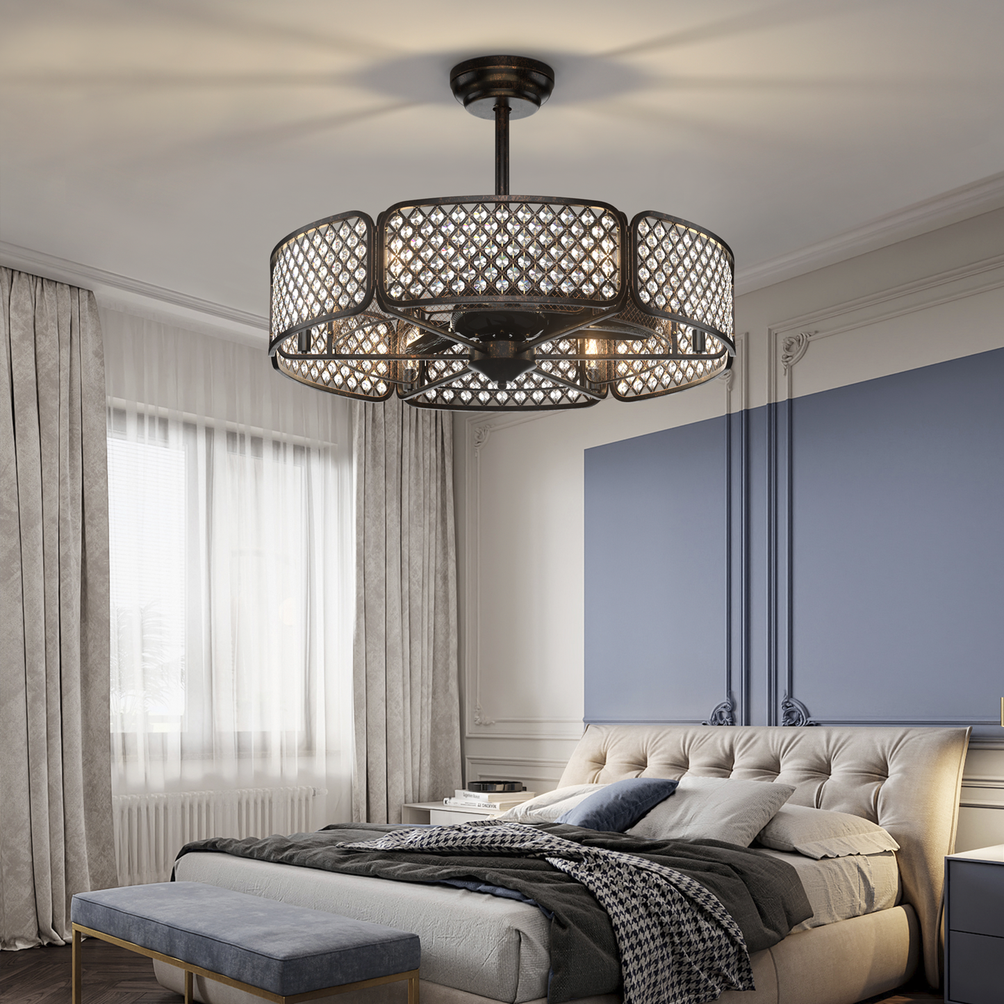 30 Inch Caged Ceiling Fan With Light Crystal Lampshade 6 Light Bases, Brown at Gallery Canada