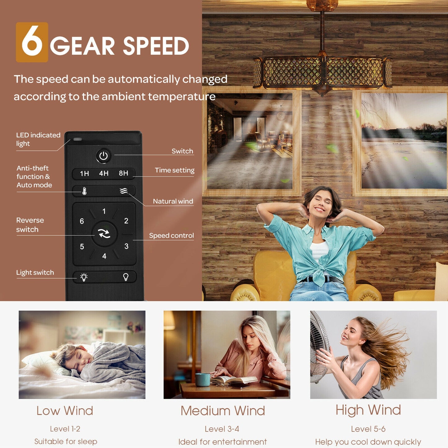 30 Inch Ceiling Fan With Light, Crystal Lampshade, Brown