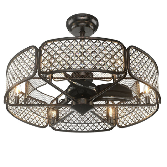 30 Inch Caged Ceiling Fan With Light Crystal Lampshade 6 Light Bases, Brown