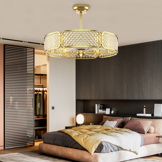 30 Inch Caged Ceiling Fan With Light, Crystal Lampshade, Golden