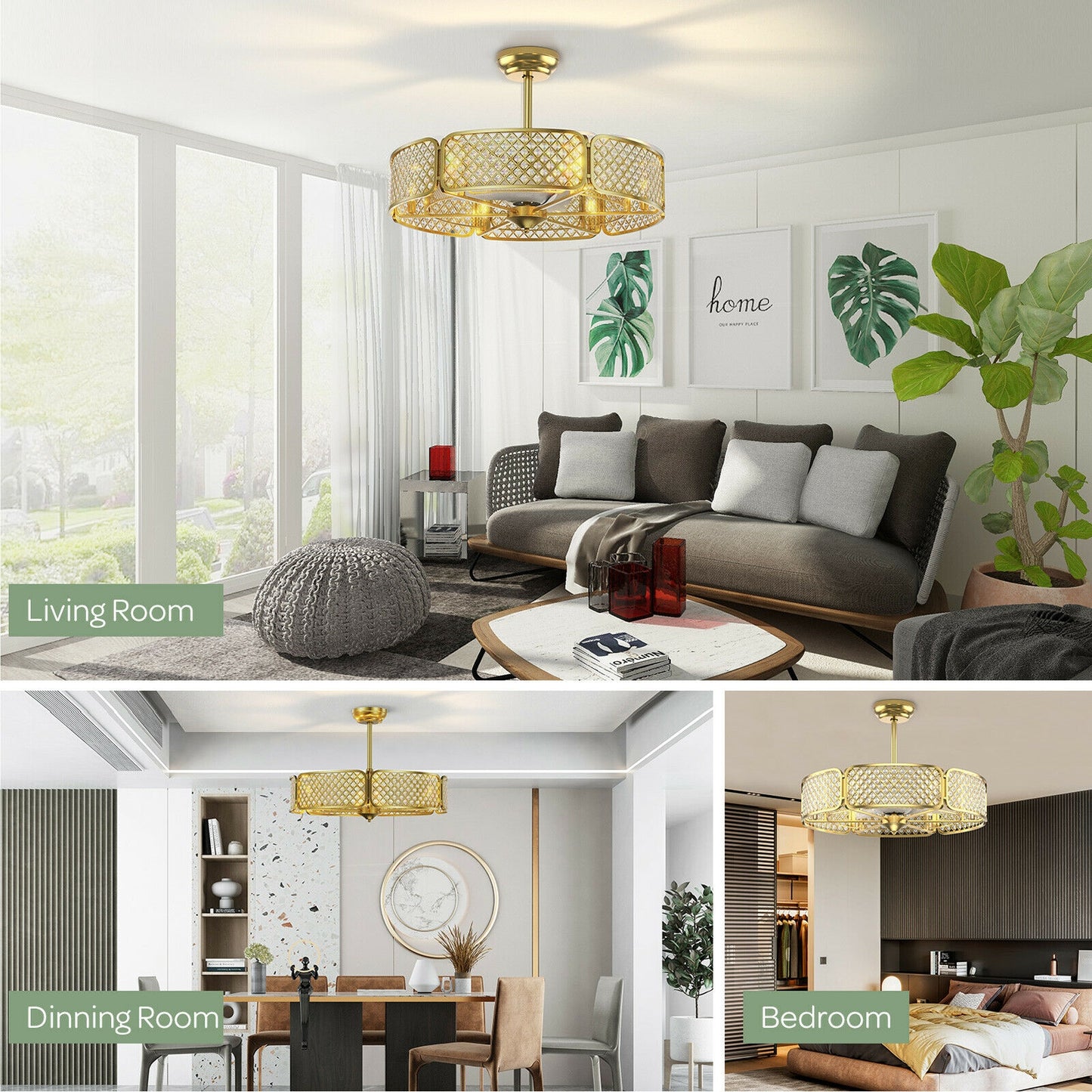 30 Inch Caged Ceiling Fan With Light, Crystal Lampshade, Golden