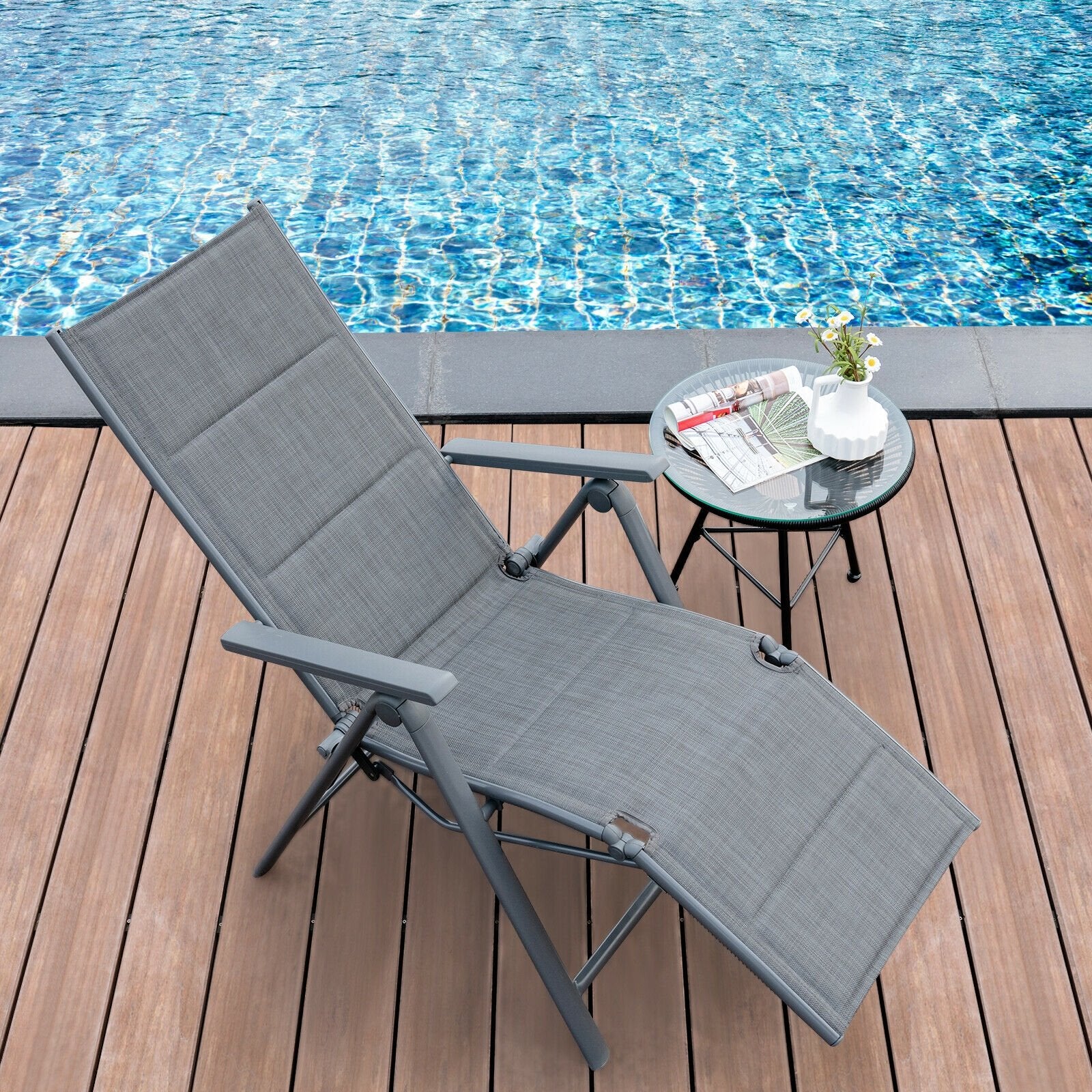 Aluminum Frame Adjustable Outdoor Foldable Reclining Padded Chair, Gray at Gallery Canada