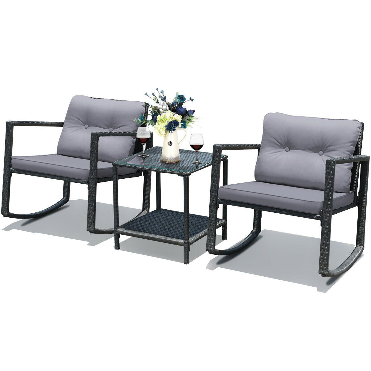 3 Pcs Cushioned Patio Rattan Set with Rocking Chair and Table, Gray Patio Conversation Sets at Gallery Canada