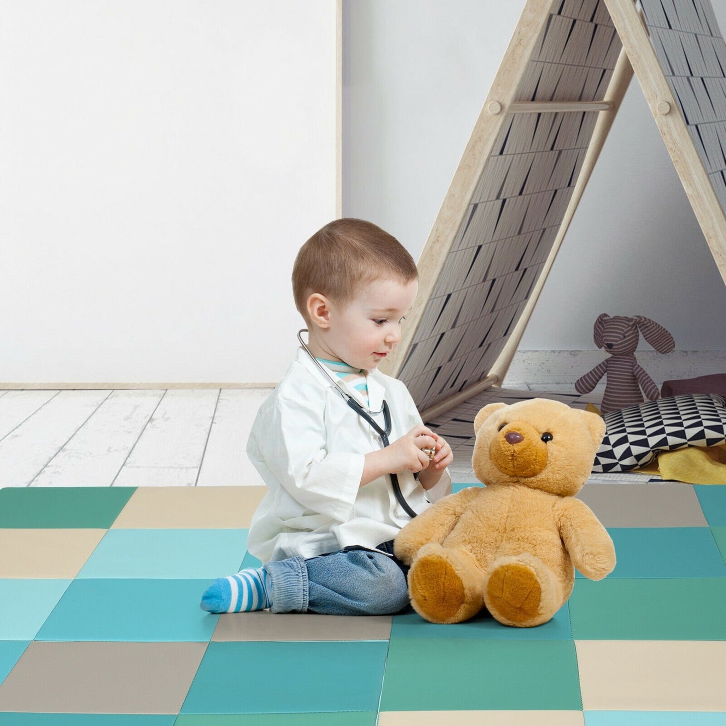 58 Inch Toddler Foam Play Mat Baby Folding Activity Floor Mat, Light Blue