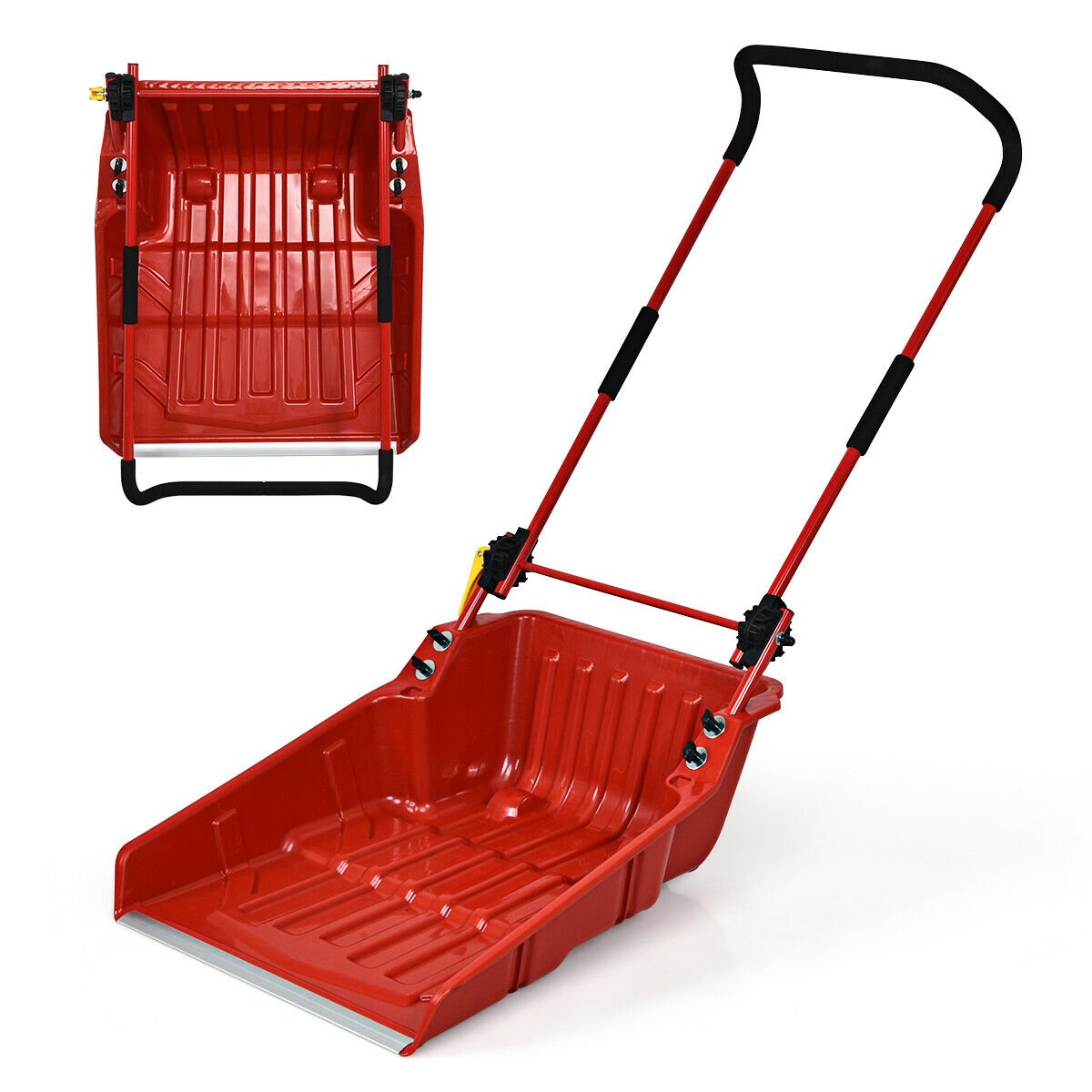Folding Snow Pusher Scoop Shovel with Wheels and Handle, Red at Gallery Canada