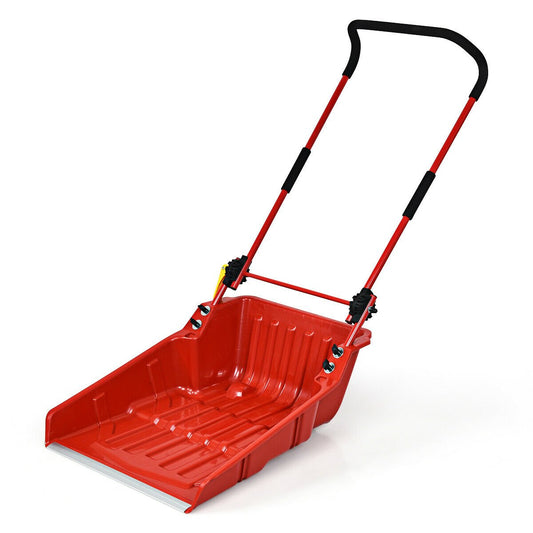 Folding Snow Pusher Scoop Shovel with Wheels and Handle, Red