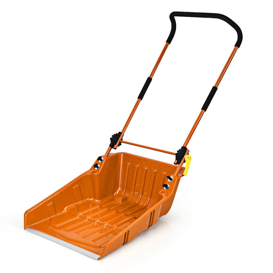 Folding Snow Pusher Scoop Shovel with Wheels and Handle, Orange