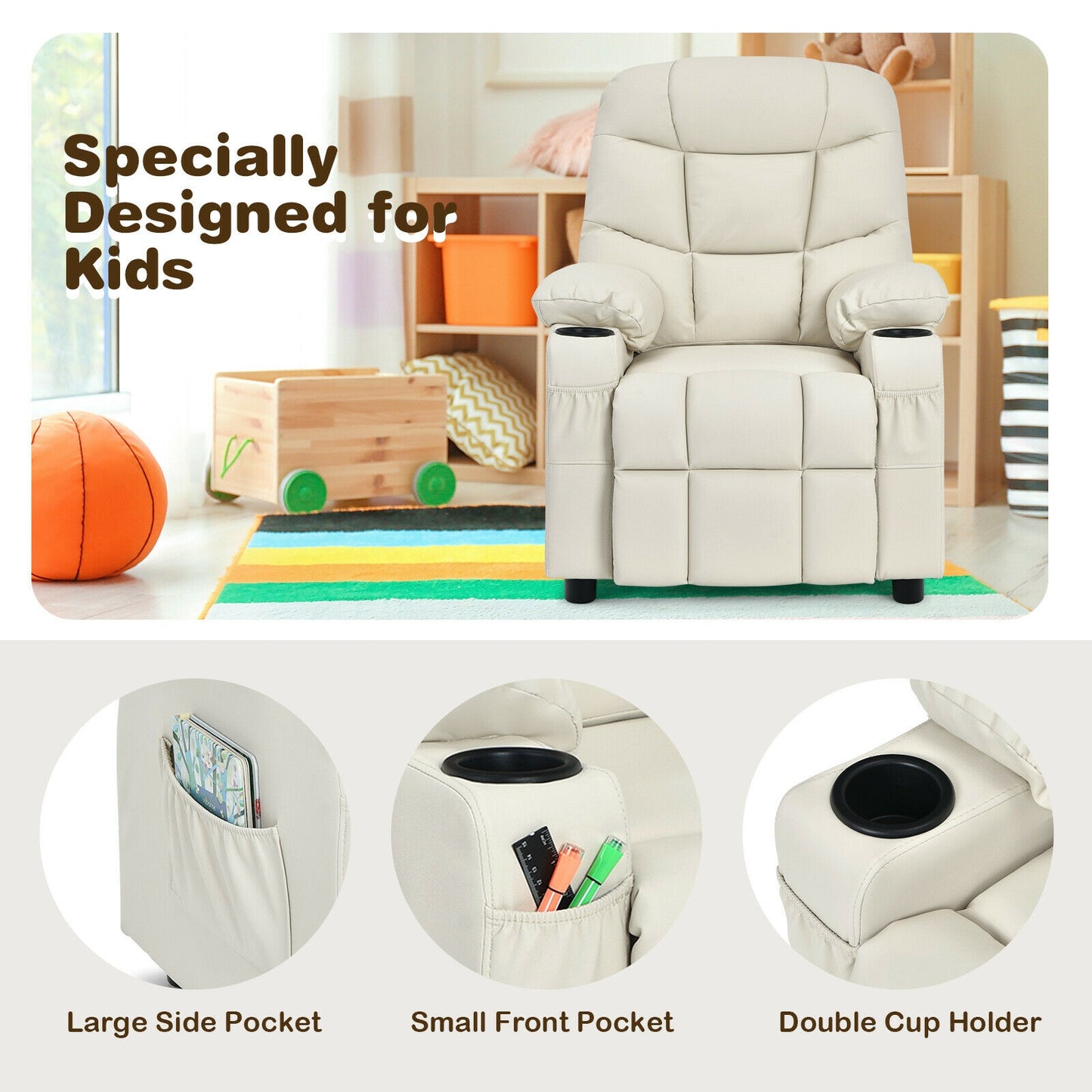 Kids Recliner Chair With Cup Holder, Footrest, Beige Kids Chairs & Seating at Gallery Canada