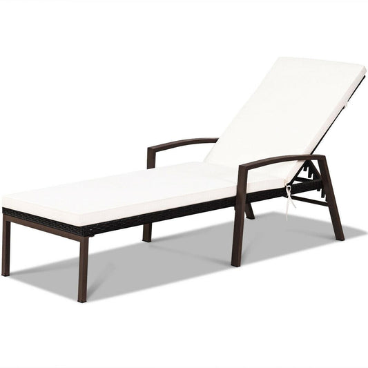Patio Rattan Lounge Chaise Recliner with Back Adjustable Cushioned, White