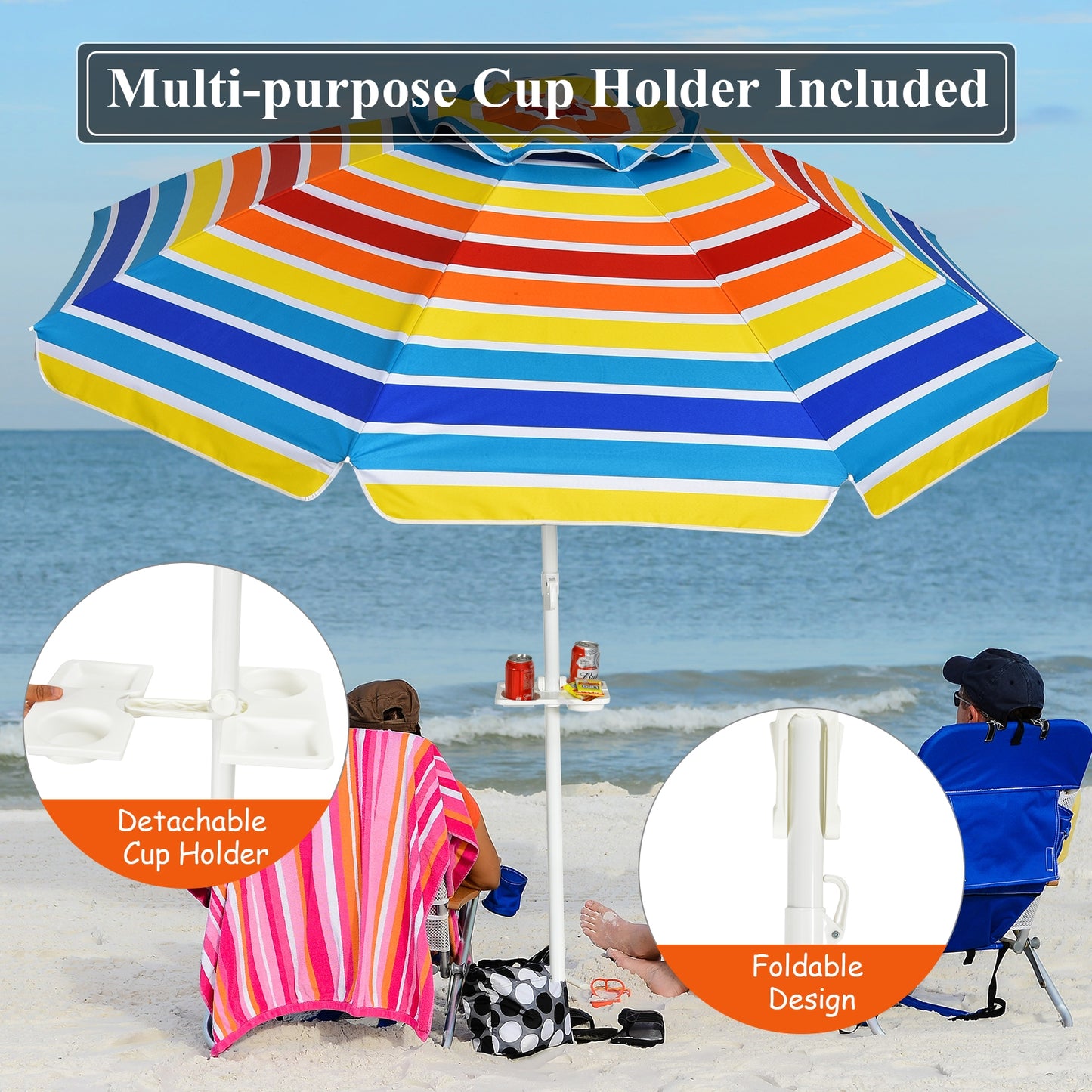 7.2 Feet Portable Beach Umbrella, Sand Anchor, Tilt Mechanism, Multicolor