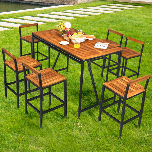 7 Pieces Acacia Wood Patio Rattan Bar Set with Umbrella Hole, Brown Patio Dining Sets Brown at Gallery Canada