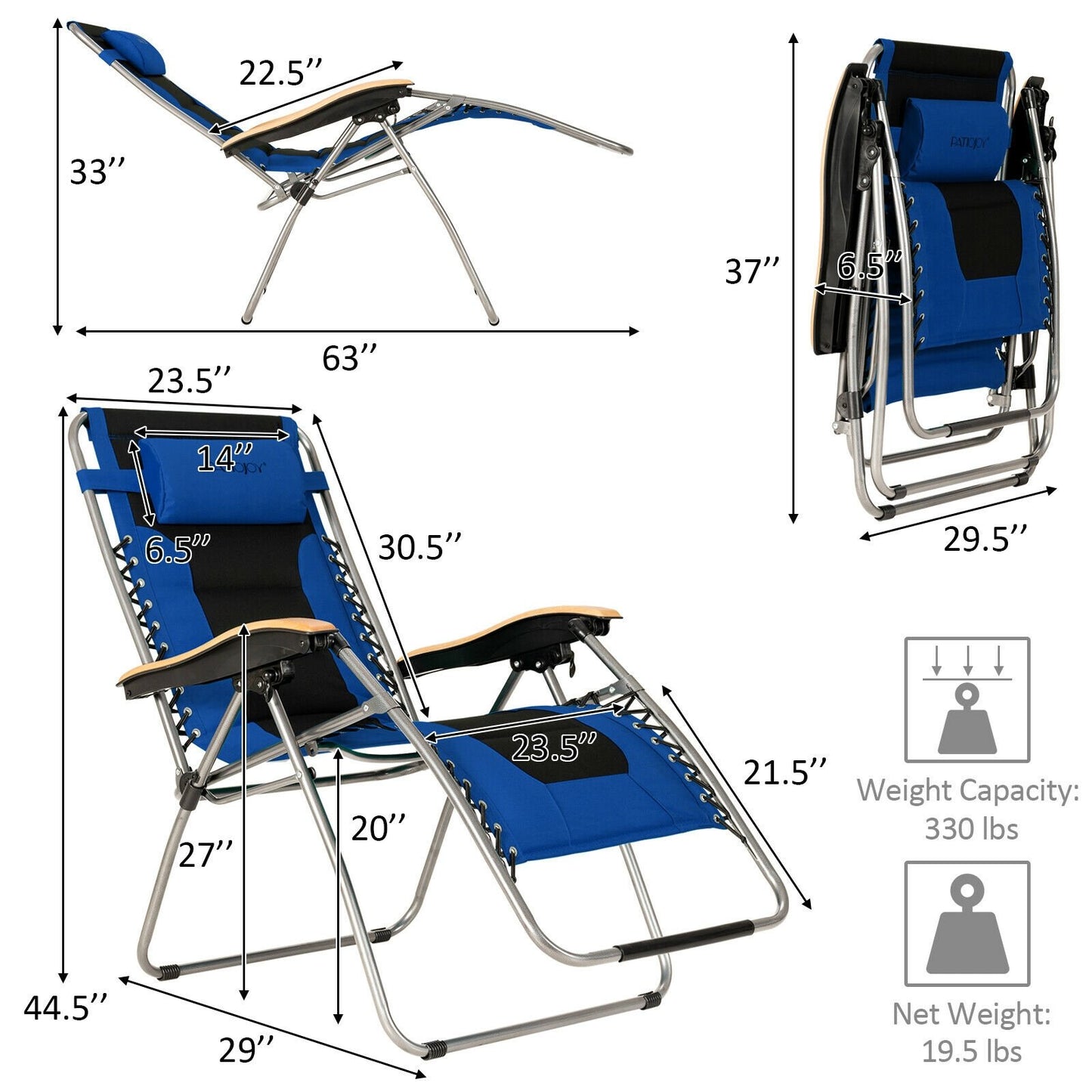 Oversize Folding Adjustable Padded Zero Gravity Lounge Chair, Blue at Gallery Canada