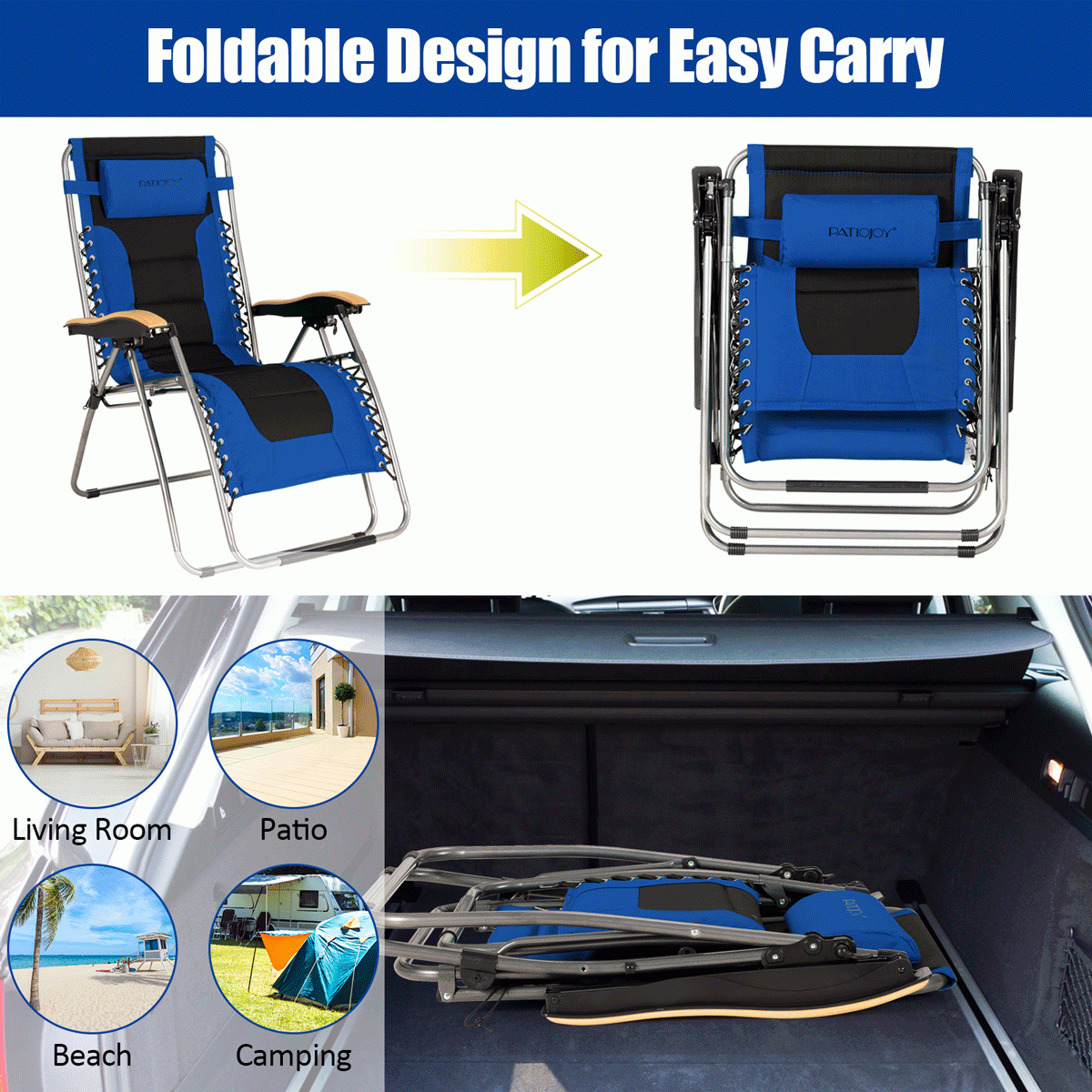 Oversize Folding Adjustable Padded Zero Gravity Lounge Chair, Blue Beach & Lawn Chairs at Gallery Canada