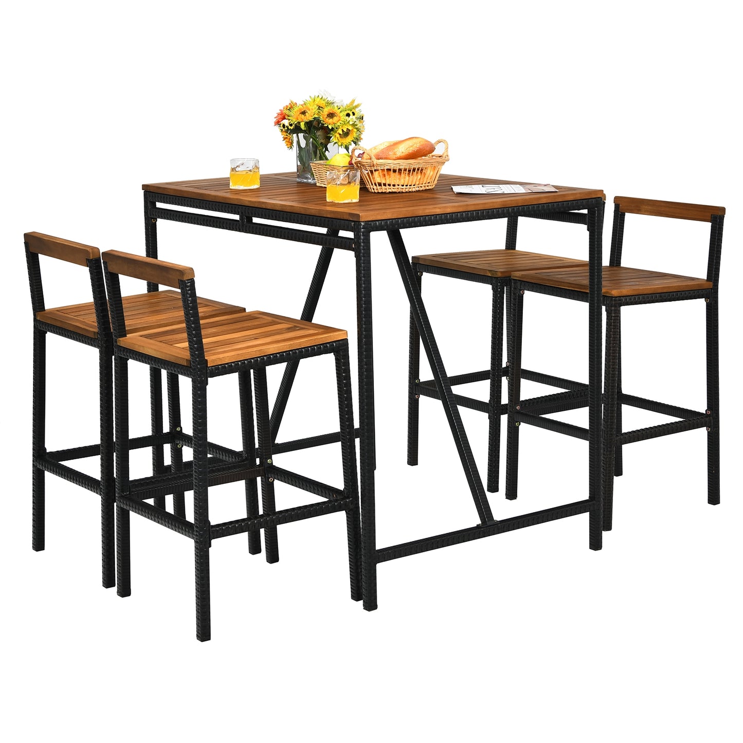 5 Piece Acacia Wood PE Rattan Bar Set, Brown Patio Bar Furniture at Gallery Canada