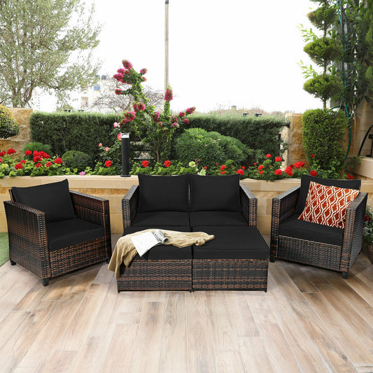5 Pieces Patio Cushioned Rattan Furniture Set, Black Outdoor Sectionals Black at Gallery Canada