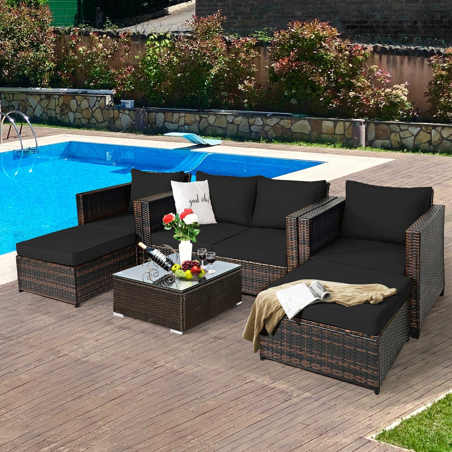 5 Piece Patio Cushioned Rattan Furniture Set, Black Outdoor Sectionals at Gallery Canada