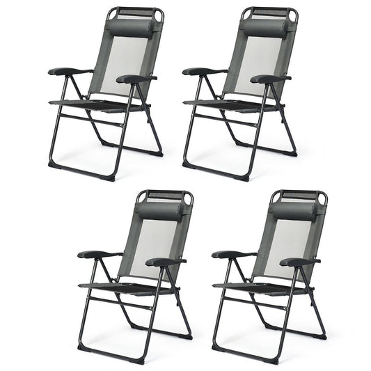 4 Pieces Patio Garden Adjustable Reclining Folding Chairs with Headrest, Gray
