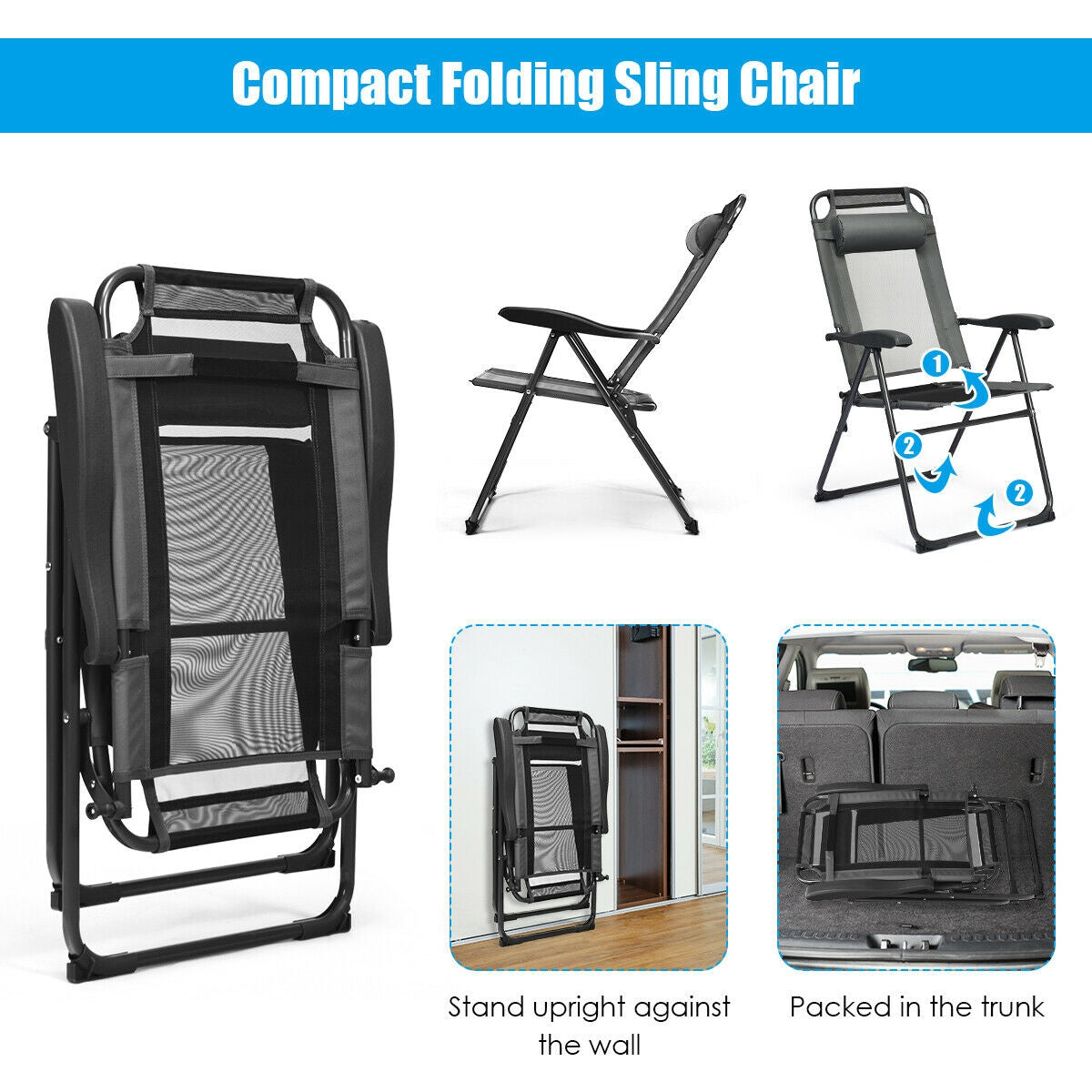 4 Adjustable Reclining Folding Chairs, Gray Patio Dining Chairs at Gallery Canada