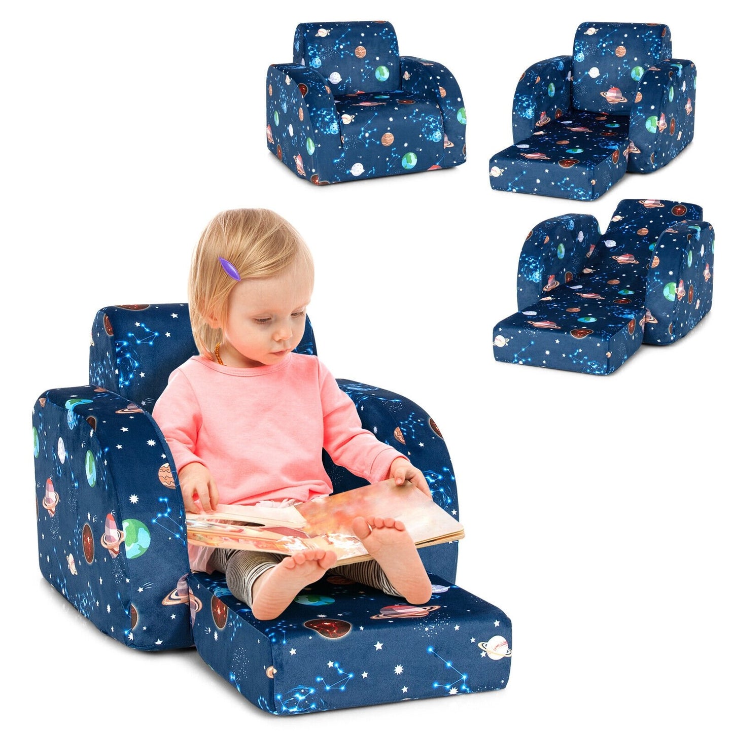 3-in-1 Convertible Kid Sofa Bed Flip-Out Chair Lounger for Toddler, Blue at Gallery Canada