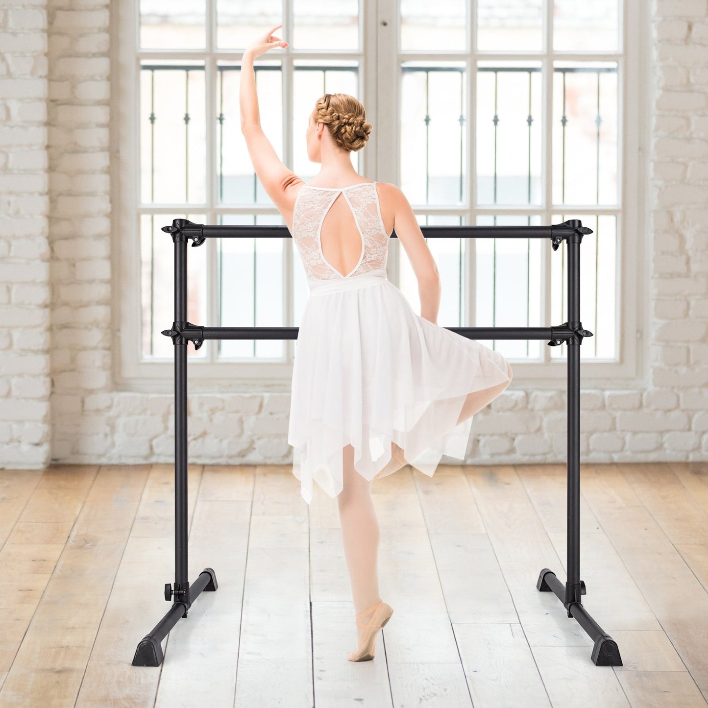 4 Feet Portable Double Freestanding Barre Dancing Stretching, Black