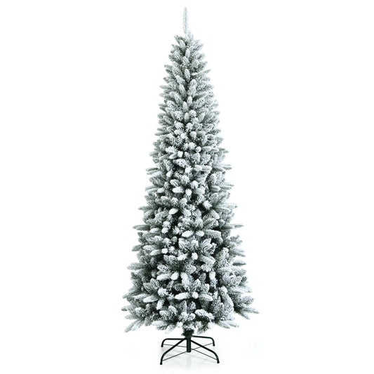 Snow-Flocked Hinged Artificial Christmas Pencil Tree with Mixed Tips-7.5', White at Gallery Canada