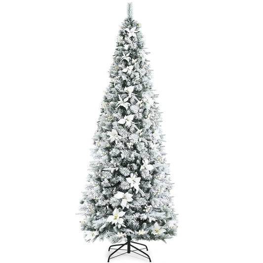 Pre-lit Snow Flocked Christmas Tree with Berries and Poinsettia Flowers-8', White at Gallery Canada