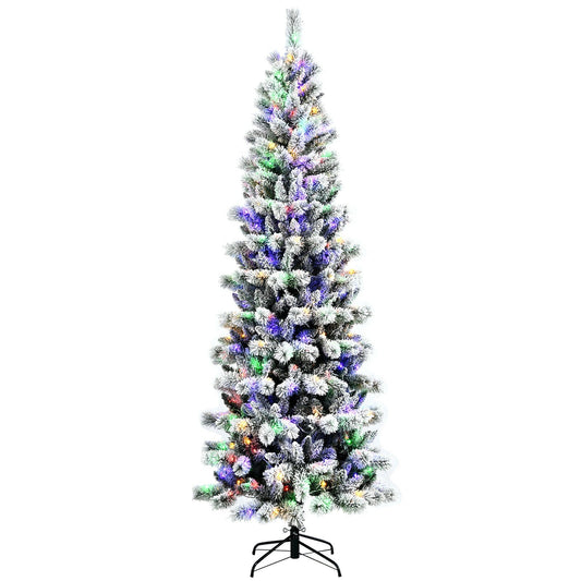 8 Feet Pre-Lit Hinged Snow Flocked Christmas Tree with Remote Control, White at Gallery Canada