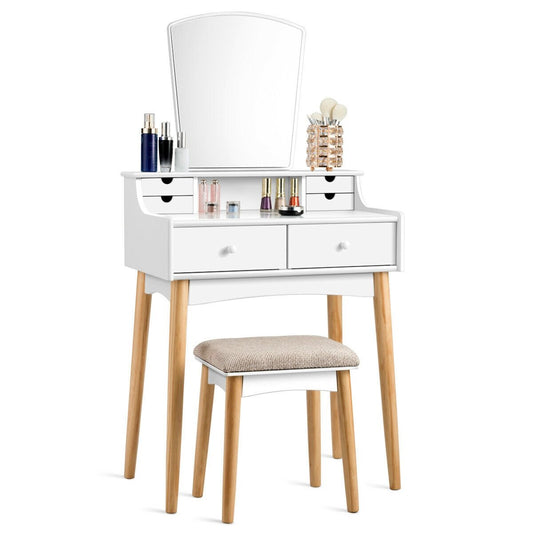 Makeup Vanity Set with 6 Drawers and Unique Shape Mirror, White