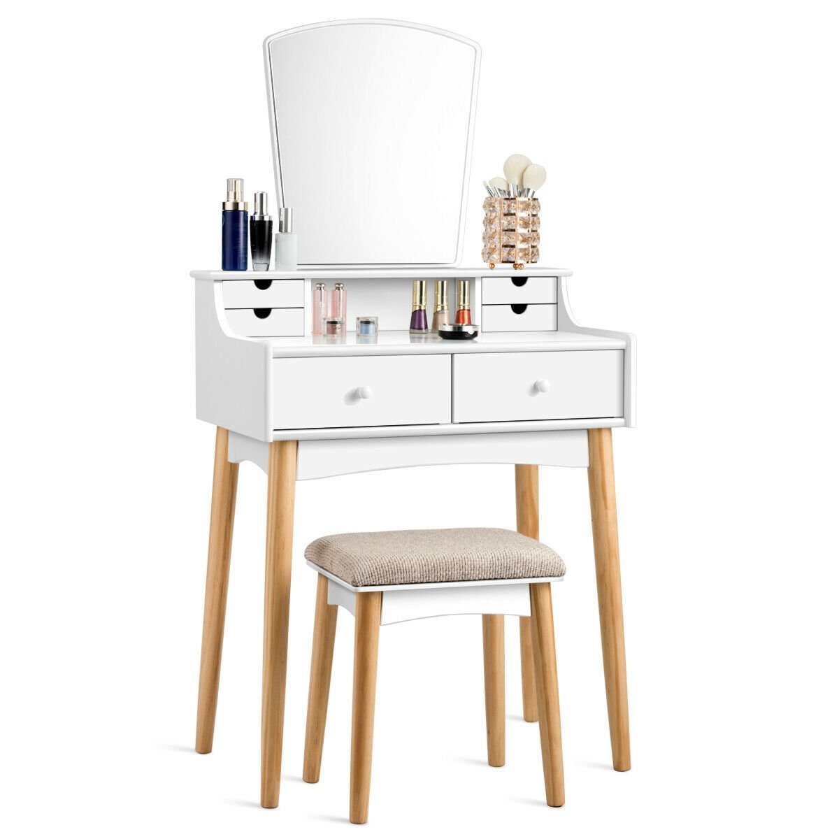 Makeup Vanity Set with 6 Drawers and Unique Shape Mirror, White at Gallery Canada