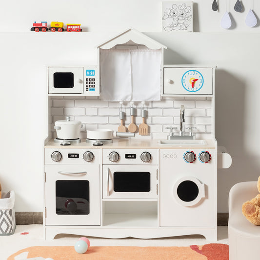 Wooden Kids Kitchen with Washing Machine, White Play Kitchen Sets White at Gallery Canada