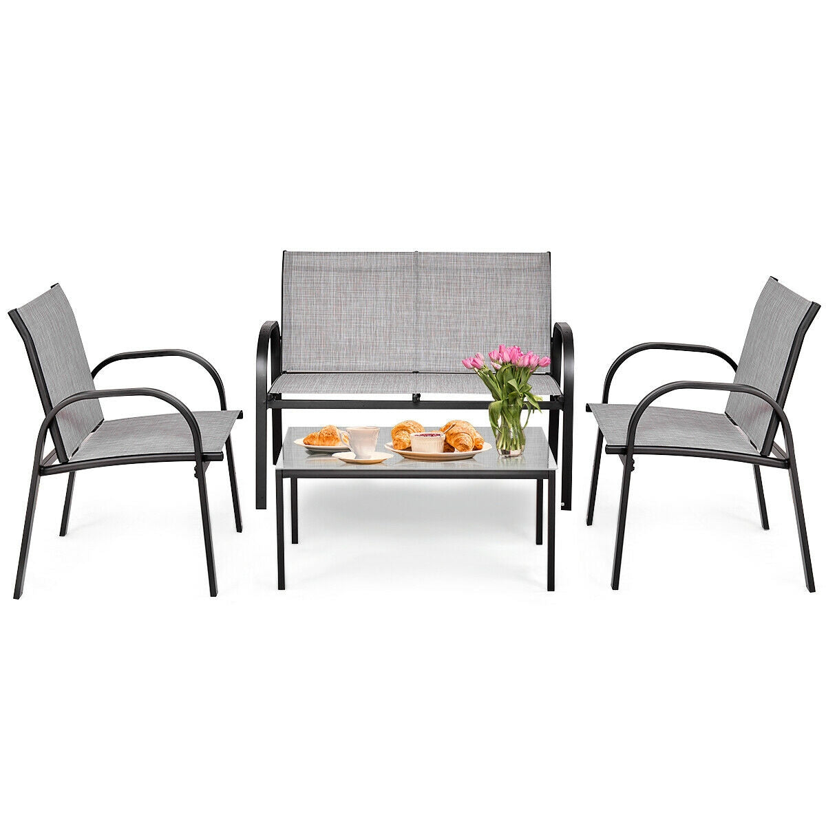 4 Piece Patio Furniture Set, Glass Top Coffee Table, Gray Patio Conversation Sets at Gallery Canada