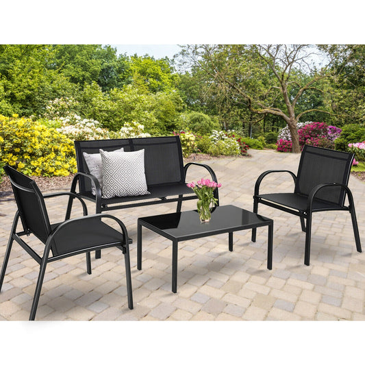 4 Piece Patio Furniture Set, Glass Top Coffee Table, Black Patio Conversation Sets Black at Gallery Canada