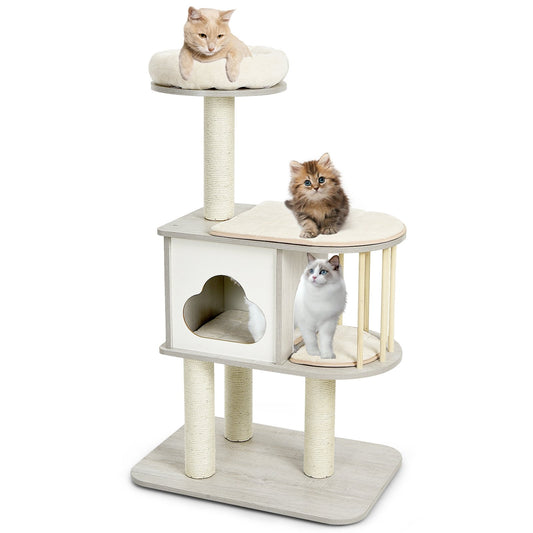 46 Inch Wooden Cat Activity Tree with Platform and Cushionsfor for Cats and Kittens, Gray at Gallery Canada