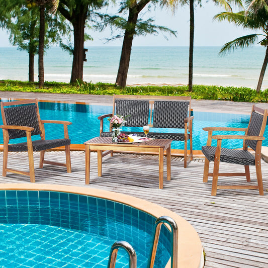 4 Piece Outdoor Patio Rattan Sofa Set, Acacia Wood Frame, Brown Patio Conversation Sets Brown at Gallery Canada