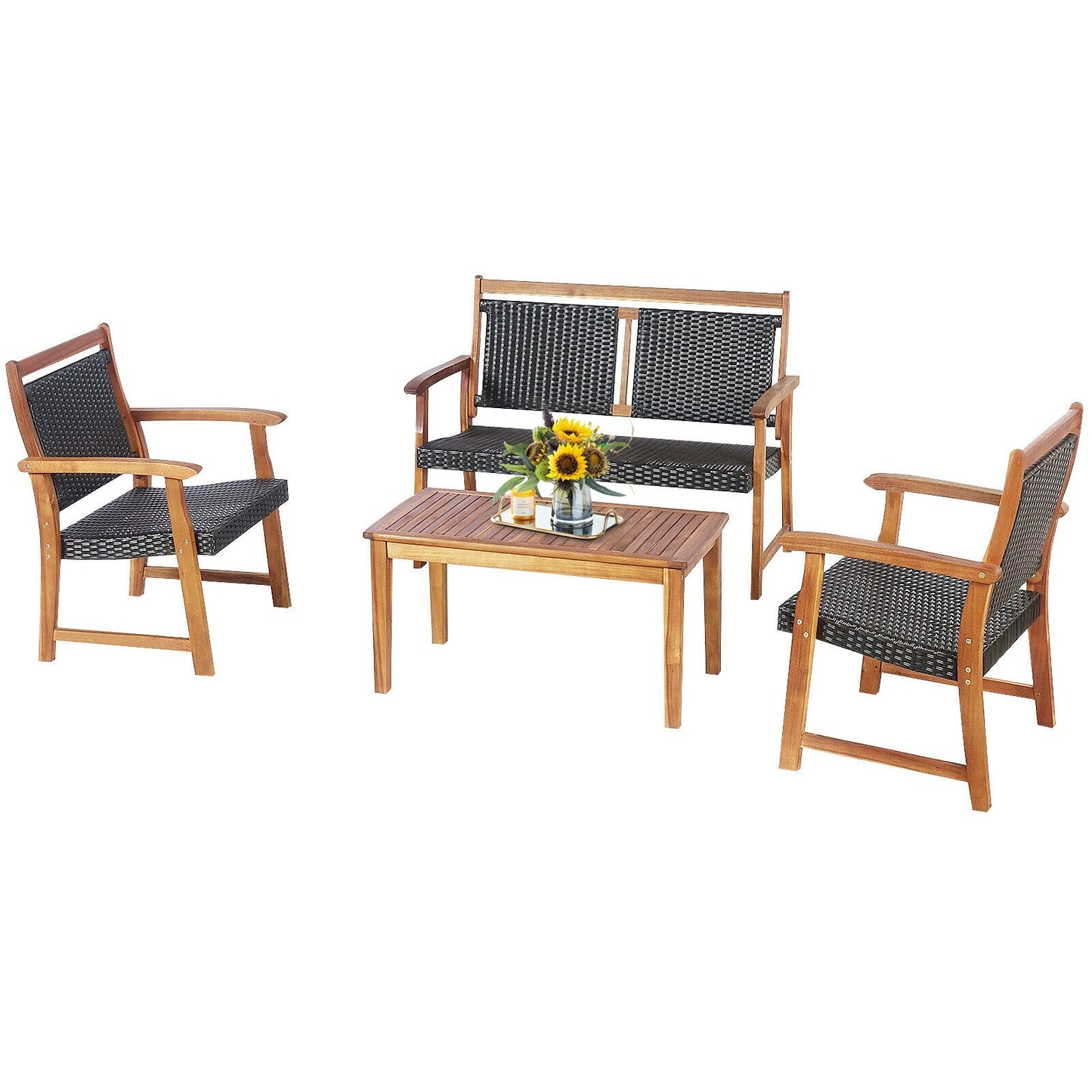 Ensemble de canapés en rotin pour patio extérieur, 4 pièces, avec cadre en bois d'acacia, marron