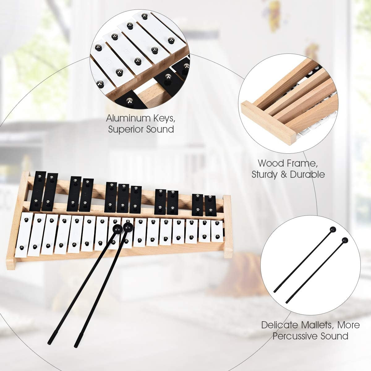 27 Note Glockenspiel Xylophone, 2 Rubber Mallets, White, Black Drums & Percussion at Gallery Canada