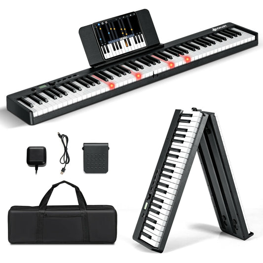 88-Key Folding Semi Weighted Full Size Lighted Piano Keyboard, Black