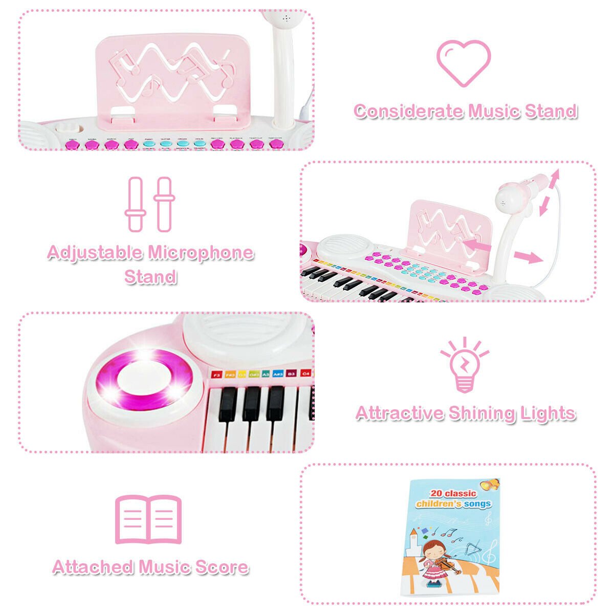 Multifunctional 37 Electric Keyboard Piano with Microphone, Pink