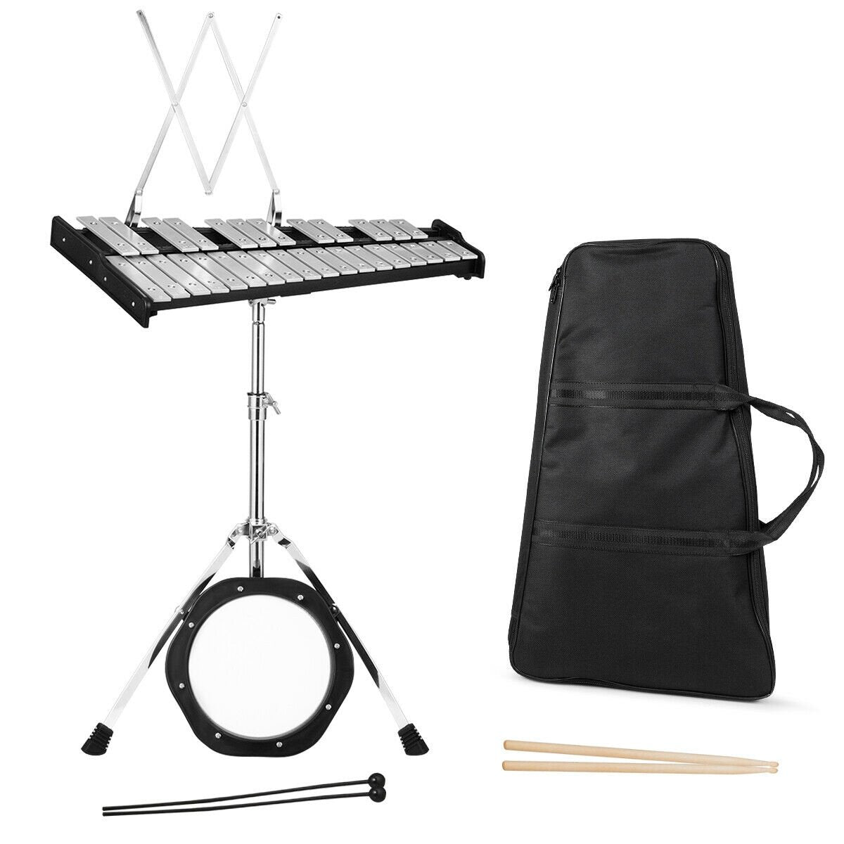 30 Notes Percussion with Practice Pad Mallets Sticks Stand, Black