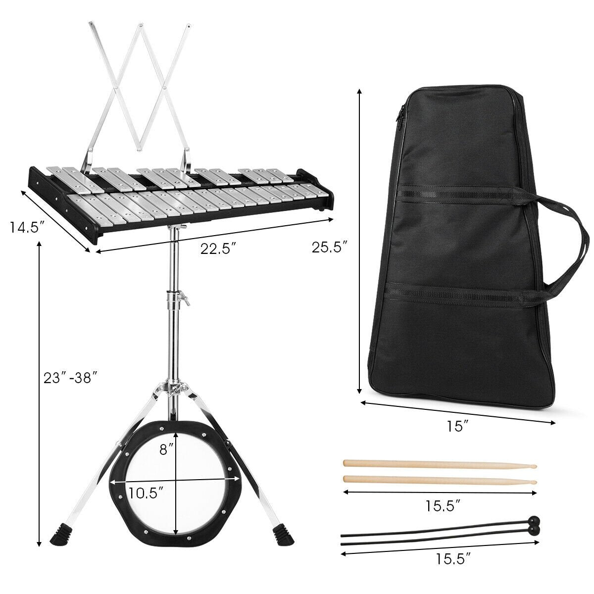 30 Notes Percussion with Practice Pad Mallets Sticks Stand, Black