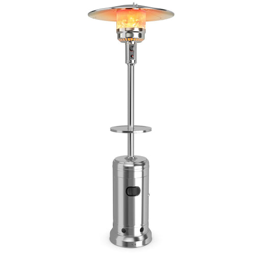 Outdoor Heater Propane Standing LP Gas Steel with Table and Wheels, Silver